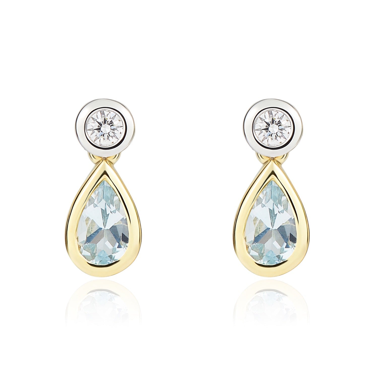 18ct Yellow and White Gold Pear Shaped Natural Aquamarine and Round Diamond Two Stone Earrings — 5x3mm