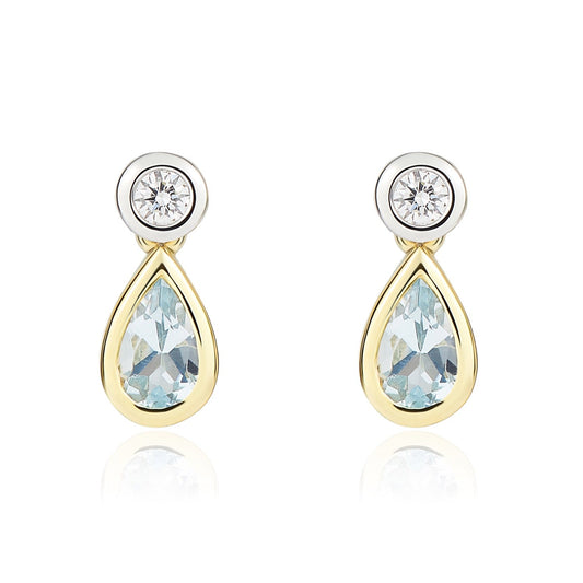 18ct Yellow and White Gold Pear Shaped Natural Aquamarine and Round Diamond Two Stone Earrings — 5x3mm