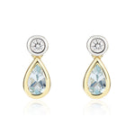 18ct Yellow and White Gold Pear Shaped Natural Aquamarine & Diamond Two Stone Rubover Drop Earrings — 5x3mm