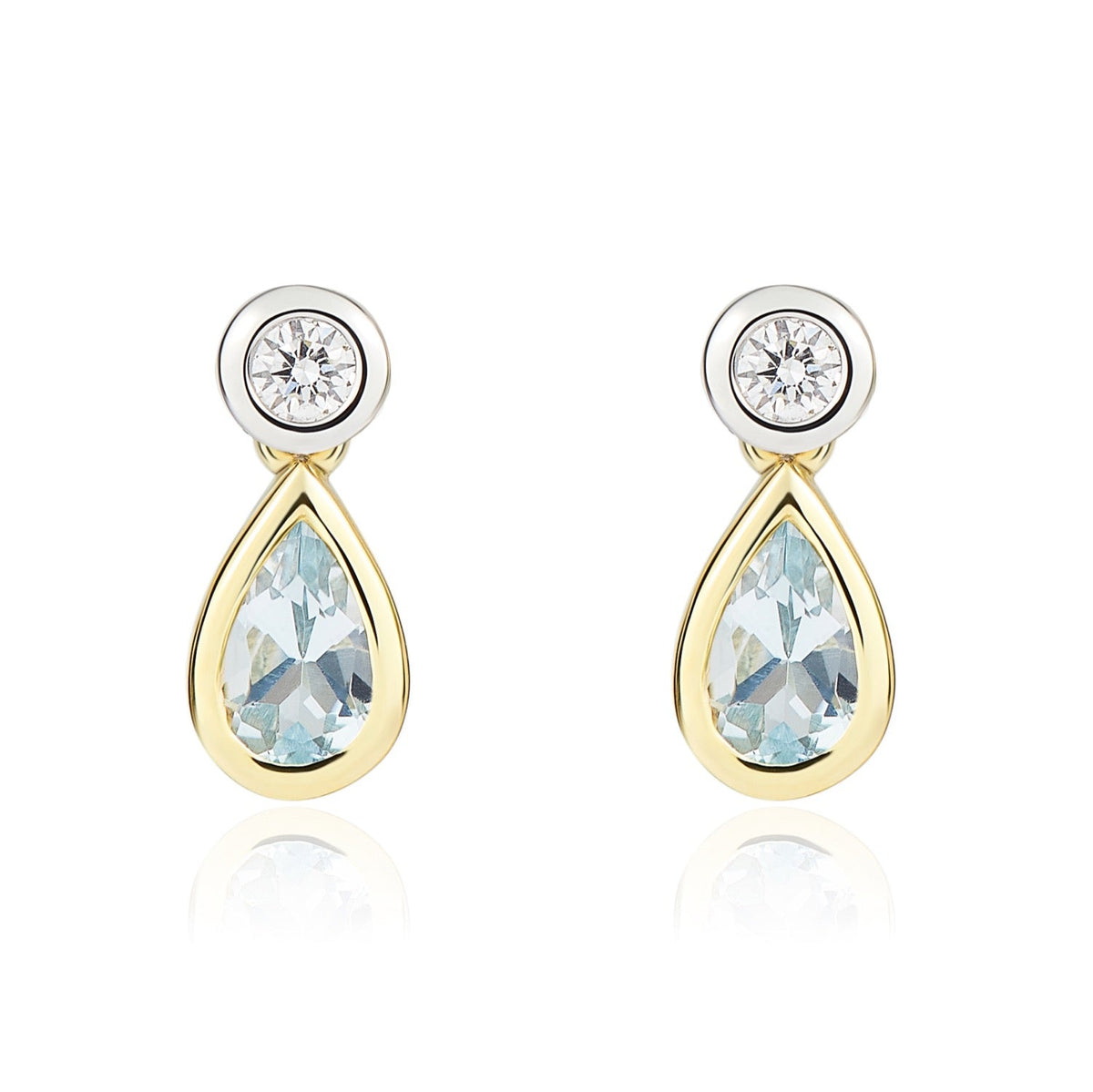 18ct Yellow and White Gold Pear Shaped Natural Aquamarine & Diamond Two Stone Rubover Drop Earrings — 5x3mm