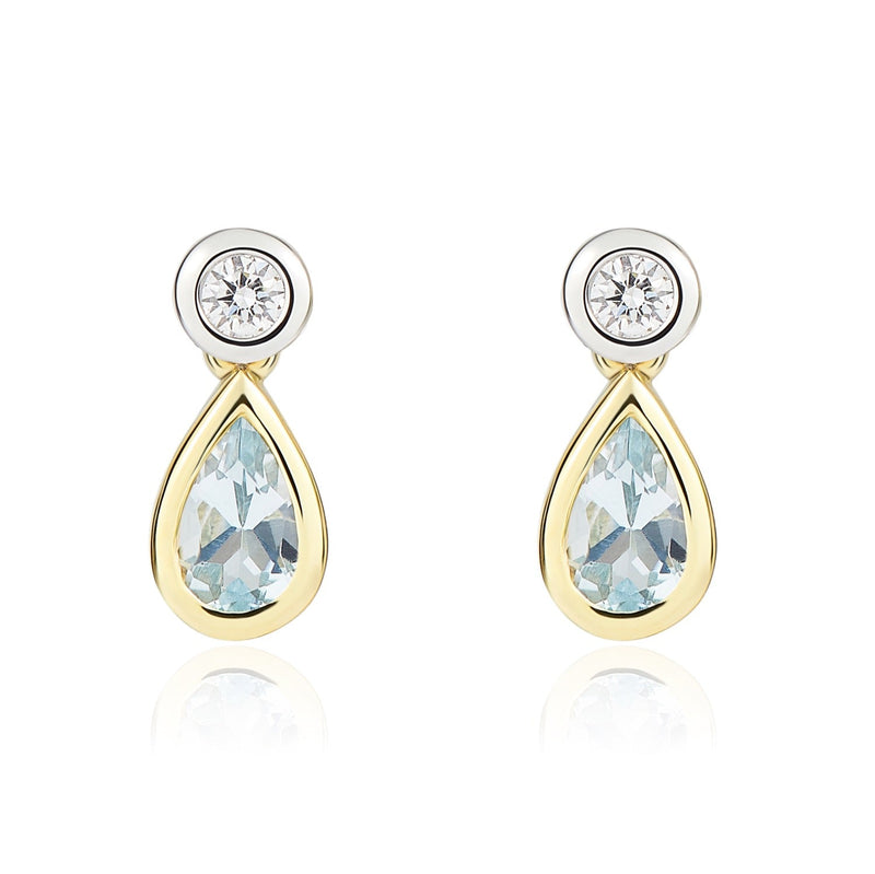 18ct Yellow and White Gold Pear Shaped Natural Aquamarine & Diamond Two Stone Rubover Drop Earrings — 5x3mm