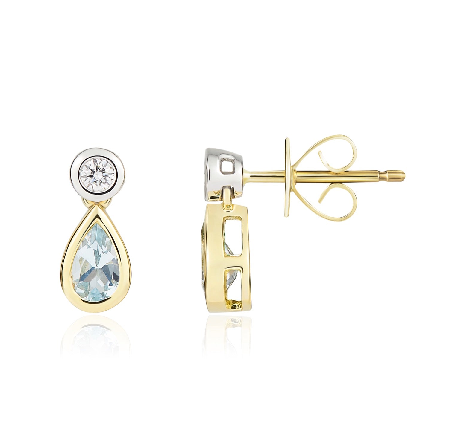 18ct Yellow and White Gold Pear Shaped Natural Aquamarine and Round Diamond Two Stone Earrings — 5x3mm