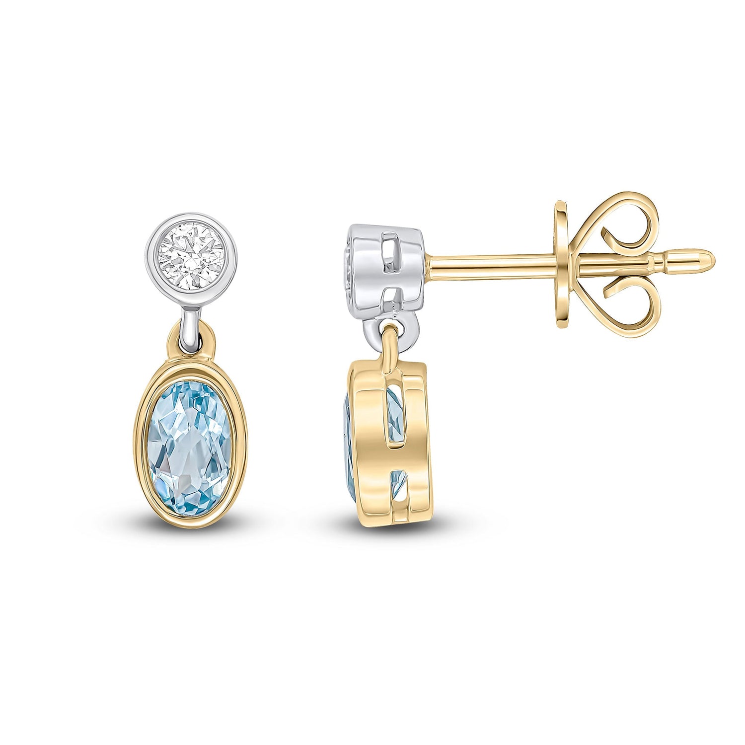 18ct Yellow and White Gold Oval Natural Aquamarine and Round Diamond Two Stone Earrings — 5x3mm