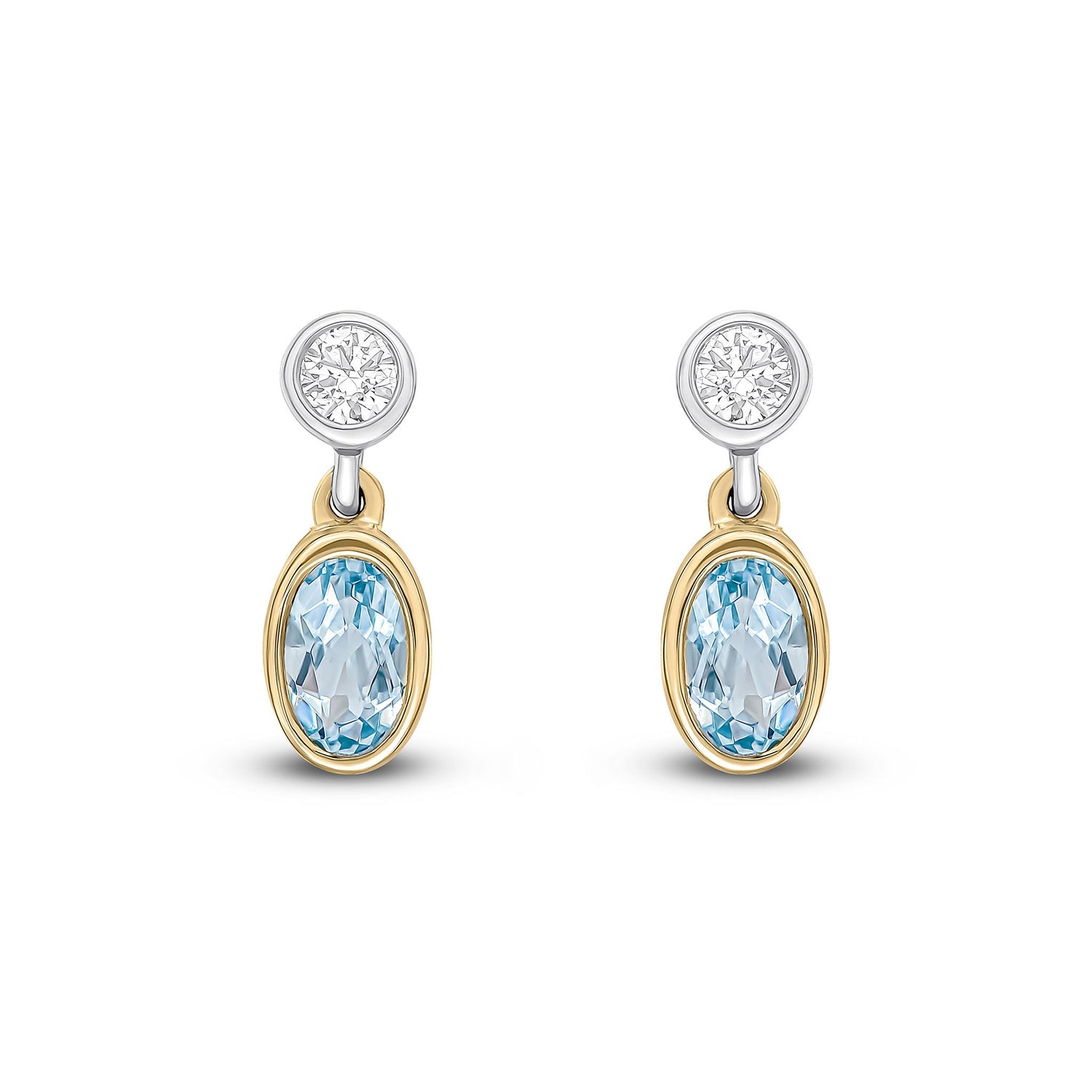18ct Yellow and White Gold Oval Natural Aquamarine and Round Diamond Two Stone Earrings — 5x3mm