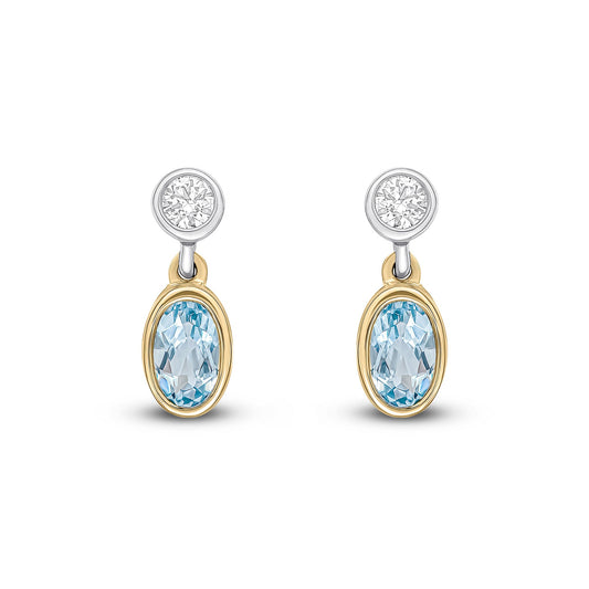 18ct Yellow and White Gold Oval Natural Aquamarine and Round Diamond Two Stone Earrings — 5x3mm