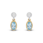 18ct Yellow and White Gold Oval Natural Aquamarine & Diamond Two Stone Rubover Drop Earrings — 5x3mm