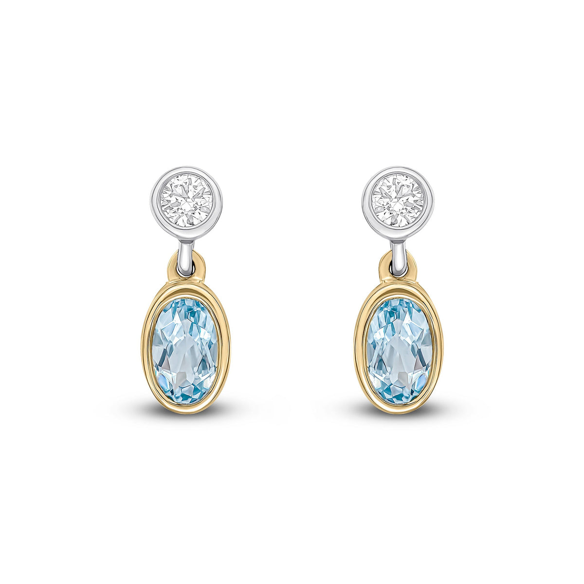 18ct Yellow and White Gold Oval Natural Aquamarine & Diamond Two Stone Rubover Drop Earrings — 5x3mm
