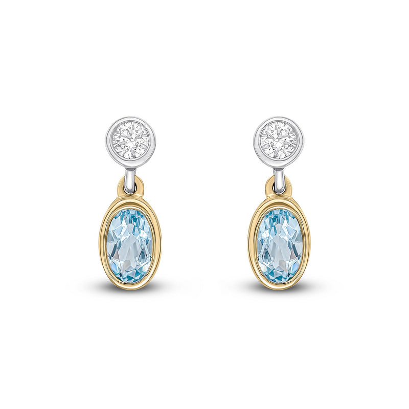 18ct Yellow and White Gold Oval Natural Aquamarine & Diamond Two Stone Rubover Drop Earrings — 5x3mm