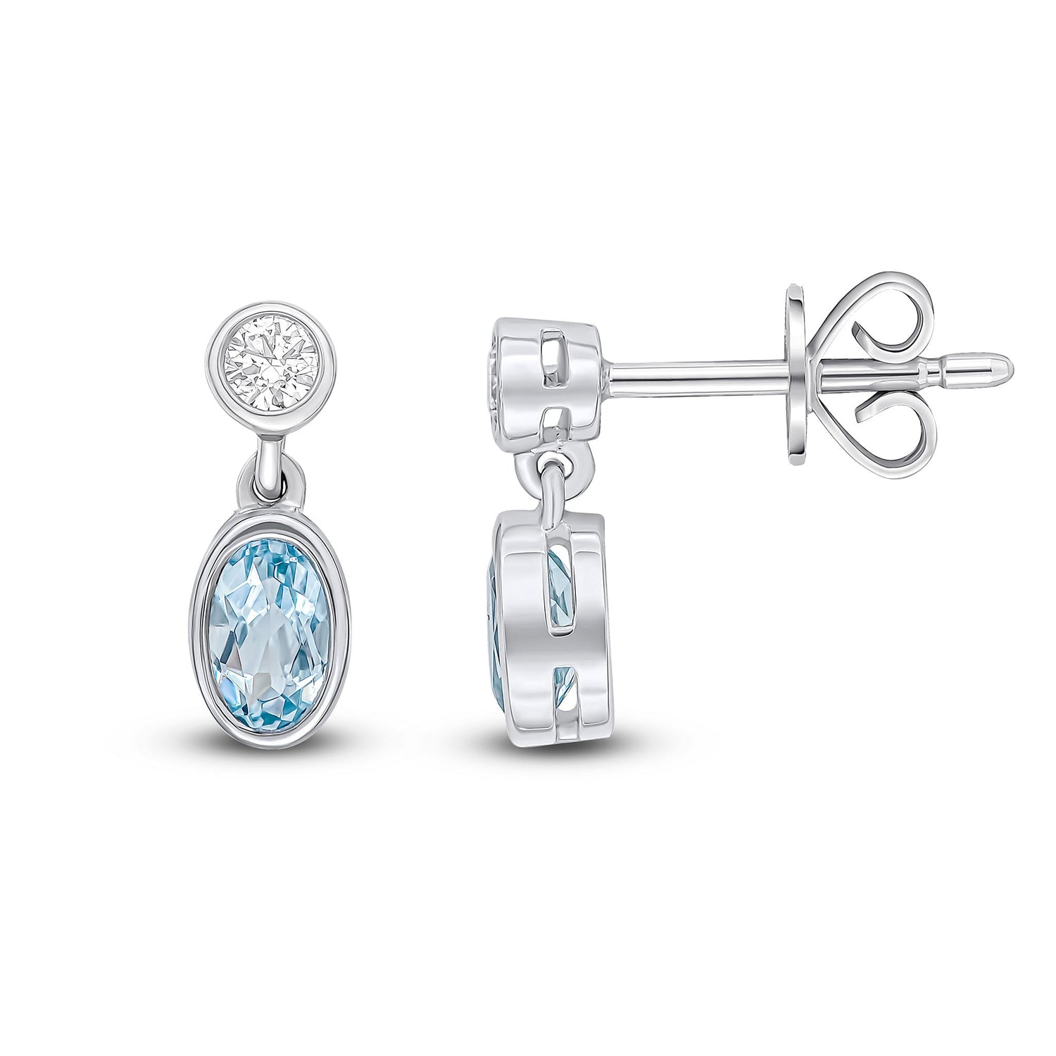 18ct White Gold Oval Natural Aquamarine and Round Diamond Two Stone Earrings — 5x3mm