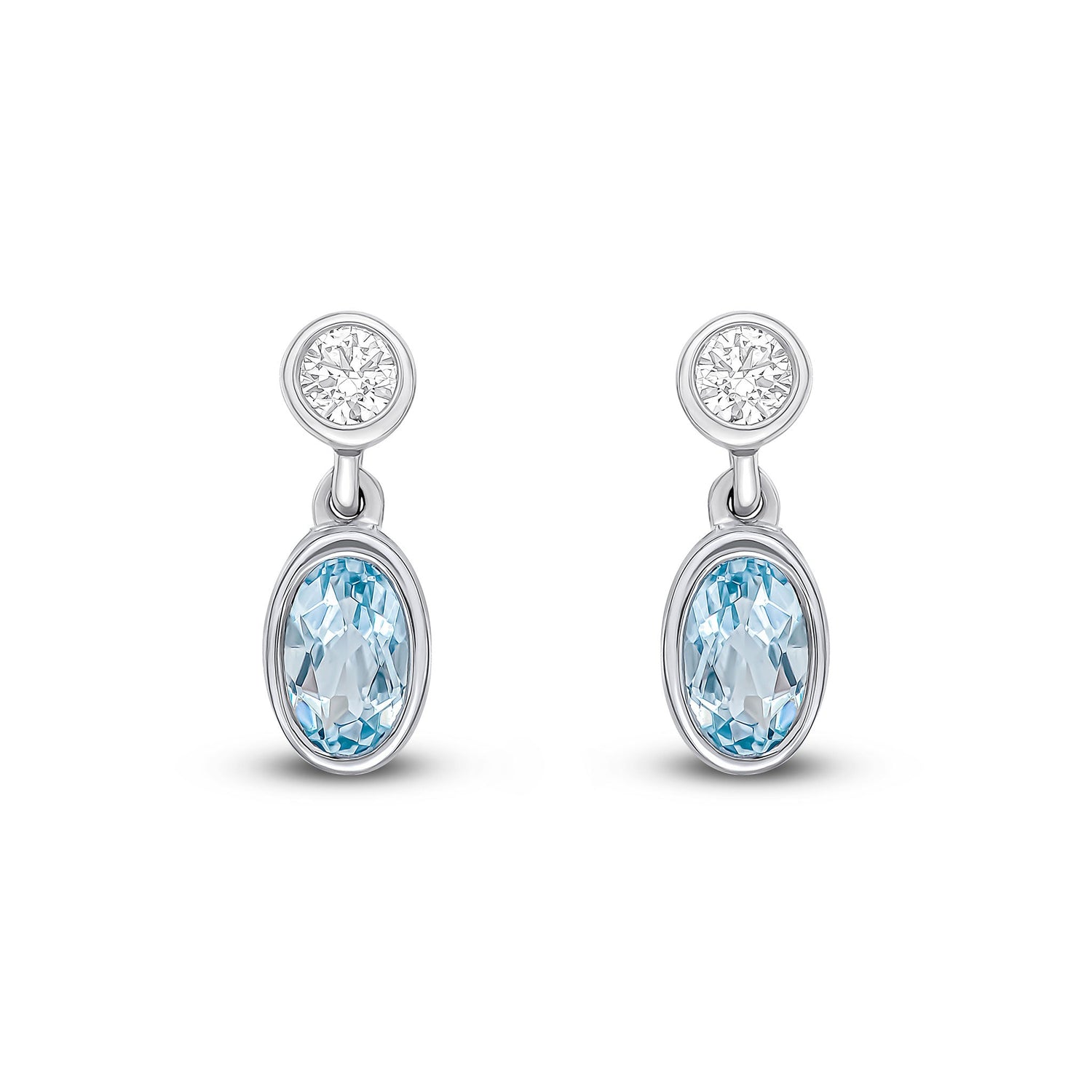 18ct White Gold Oval Natural Aquamarine and Round Diamond Two Stone Earrings — 5x3mm