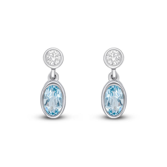 18ct White Gold Oval Natural Aquamarine and Round Diamond Two Stone Earrings — 5x3mm