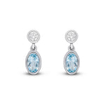 18ct White Gold Oval Natural Aquamarine & Diamond Two Stone Rubover Drop Earrings — 5x3mm