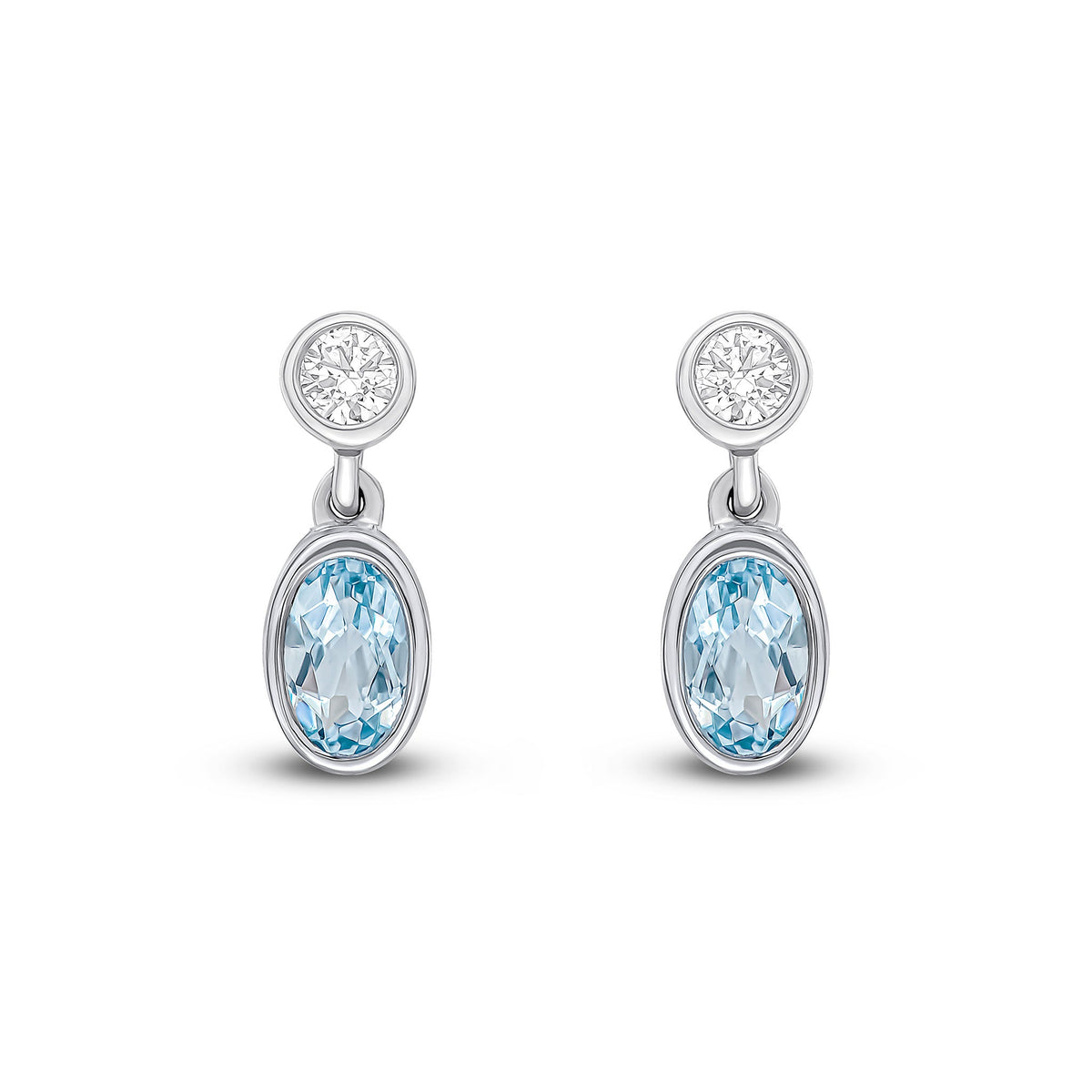 18ct White Gold Oval Natural Aquamarine & Diamond Two Stone Rubover Drop Earrings — 5x3mm