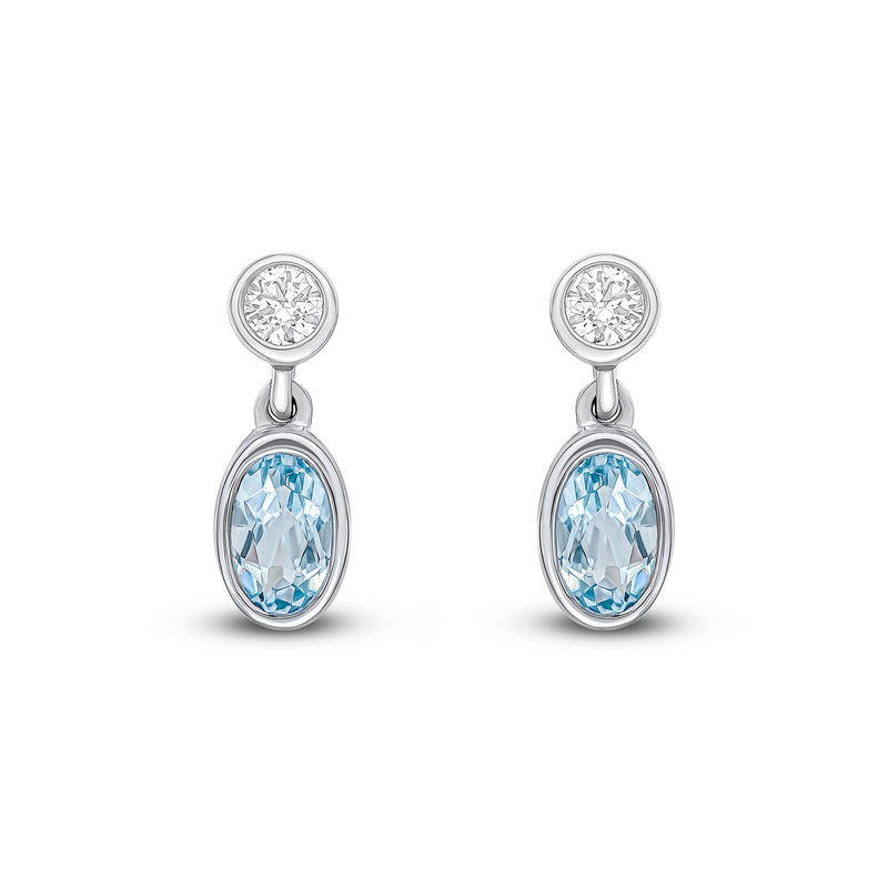 18ct White Gold Oval Natural Aquamarine & Diamond Two Stone Rubover Drop Earrings — 5x3mm
