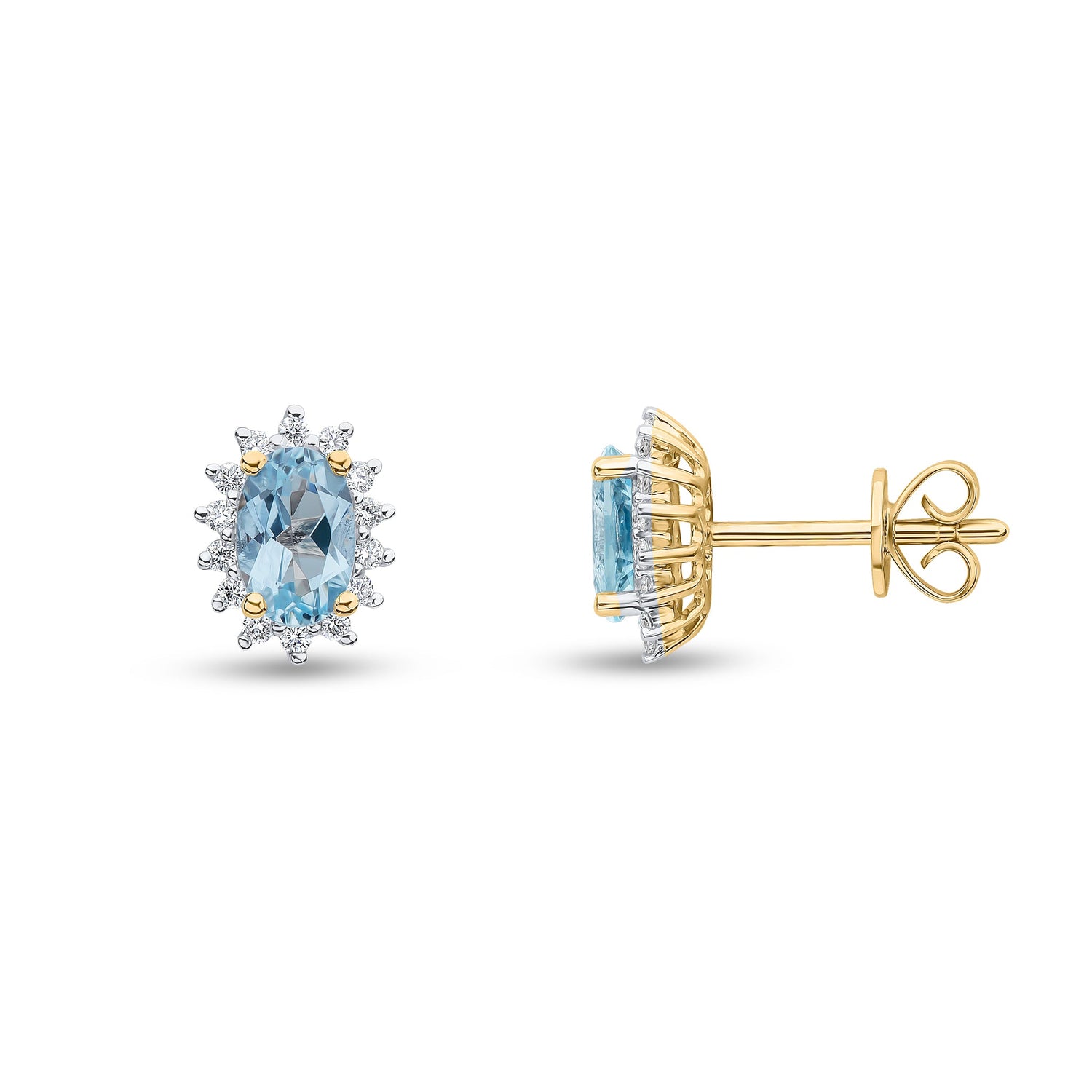 18ct Yellow Gold Oval Aquamarine and Diamond Cluster Earrings — 6x4mm