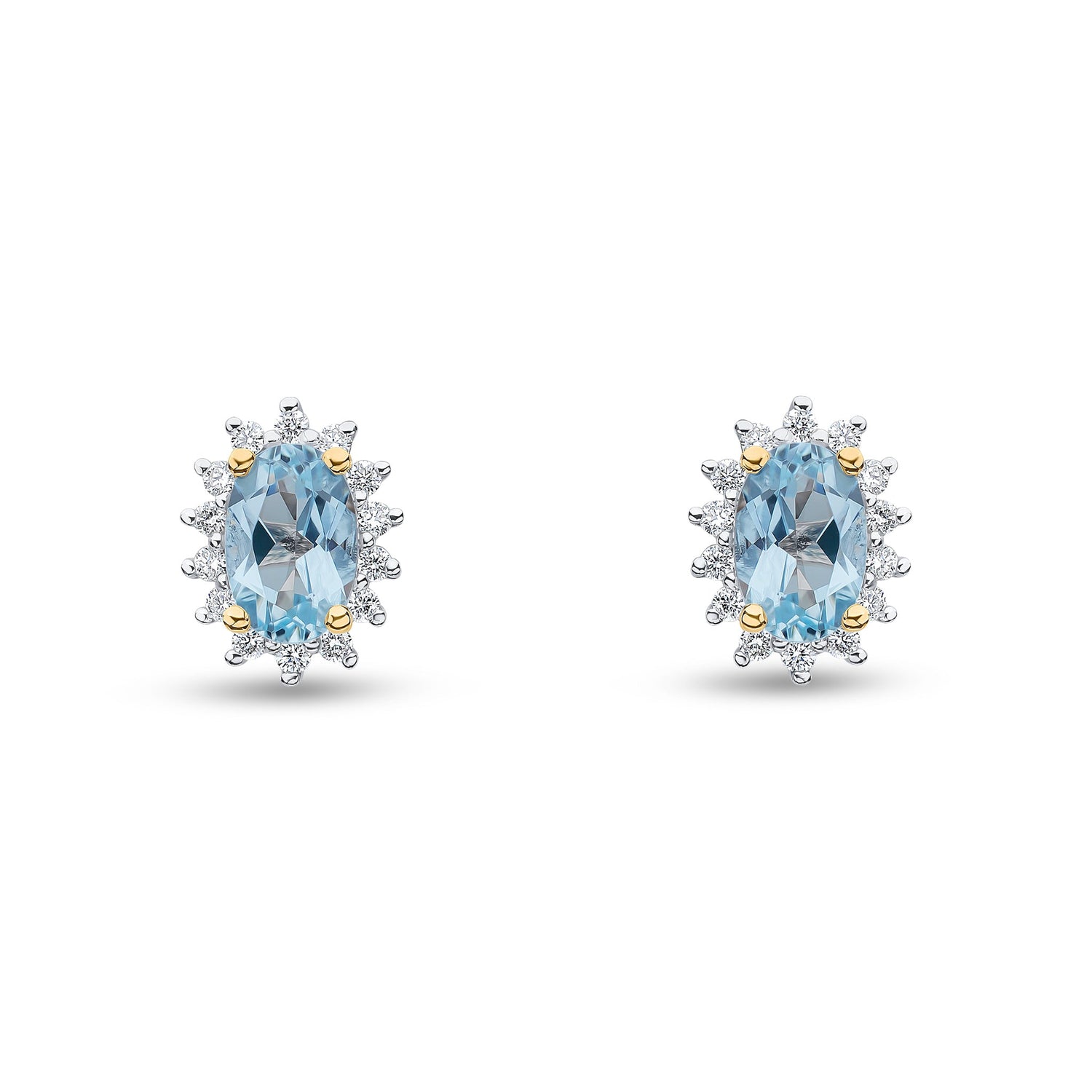 18ct Yellow Gold Oval Aquamarine and Diamond Cluster Earrings — 6x4mm