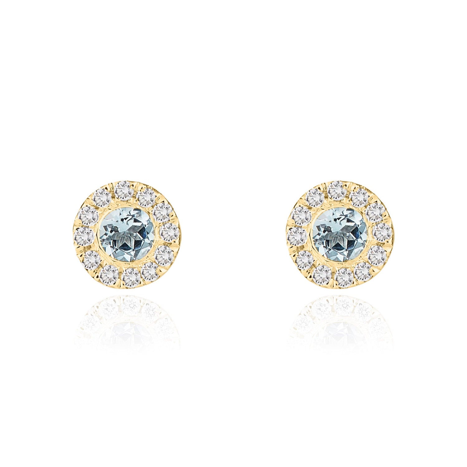 18ct Yellow Gold Round Natural Aquamarine and Diamond Cluster Earrings — 3mm