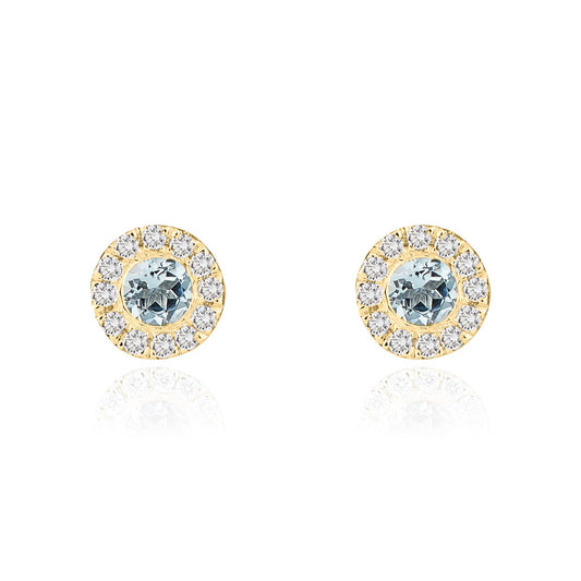 18ct Yellow Gold Round Natural Aquamarine and Diamond Cluster Earrings — 3mm