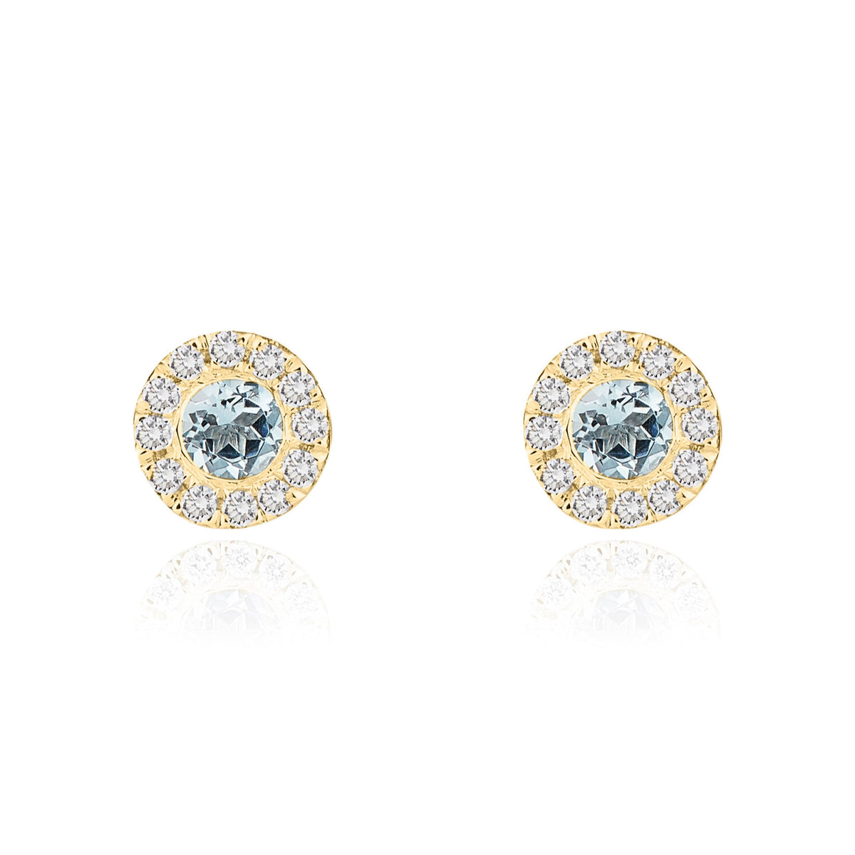 18ct Yellow Gold Round Natural Aquamarine & Diamond Cluster Stud Earrings — 3mm