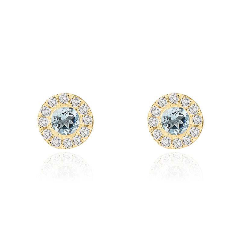 18ct Yellow Gold Round Natural Aquamarine & Diamond Cluster Stud Earrings — 3mm