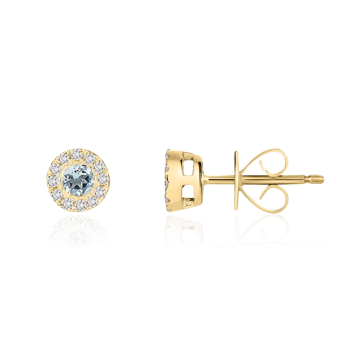 18ct Yellow Gold Round Natural Aquamarine and Diamond Cluster Earrings — 3mm