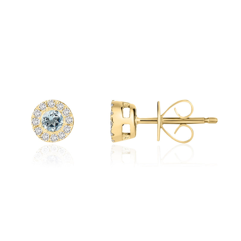 18ct Yellow Gold Round Natural Aquamarine & Diamond Cluster Stud Earrings — 3mm