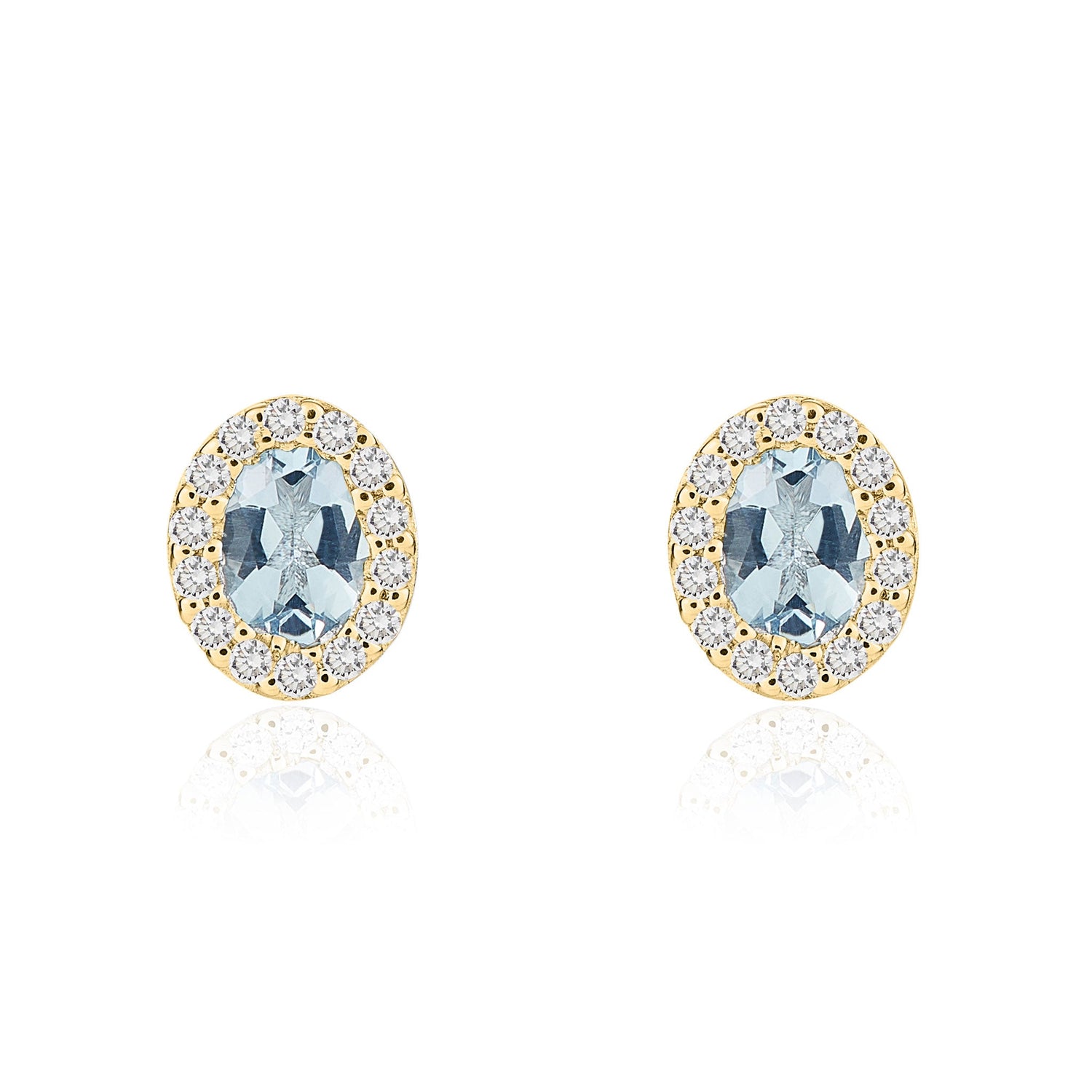 18ct Yellow Gold Oval Natural Aquamarine and Diamond Cluster Earrings — 4x3mm