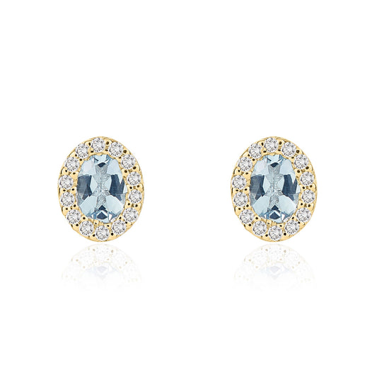 18ct Yellow Gold Oval Natural Aquamarine and Diamond Cluster Earrings — 4x3mm