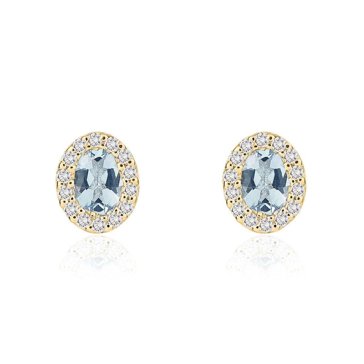 18ct Yellow Gold Oval Natural Aquamarine & Diamond Microset Cluster Stud Earrings — 4x3mm