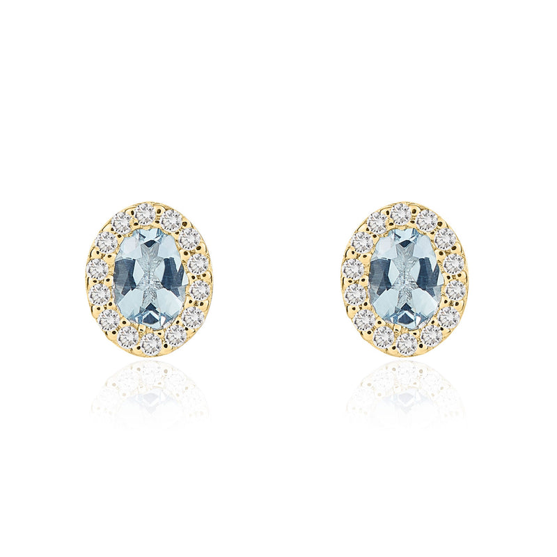 18ct Yellow Gold Oval Natural Aquamarine & Diamond Microset Cluster Stud Earrings — 4x3mm