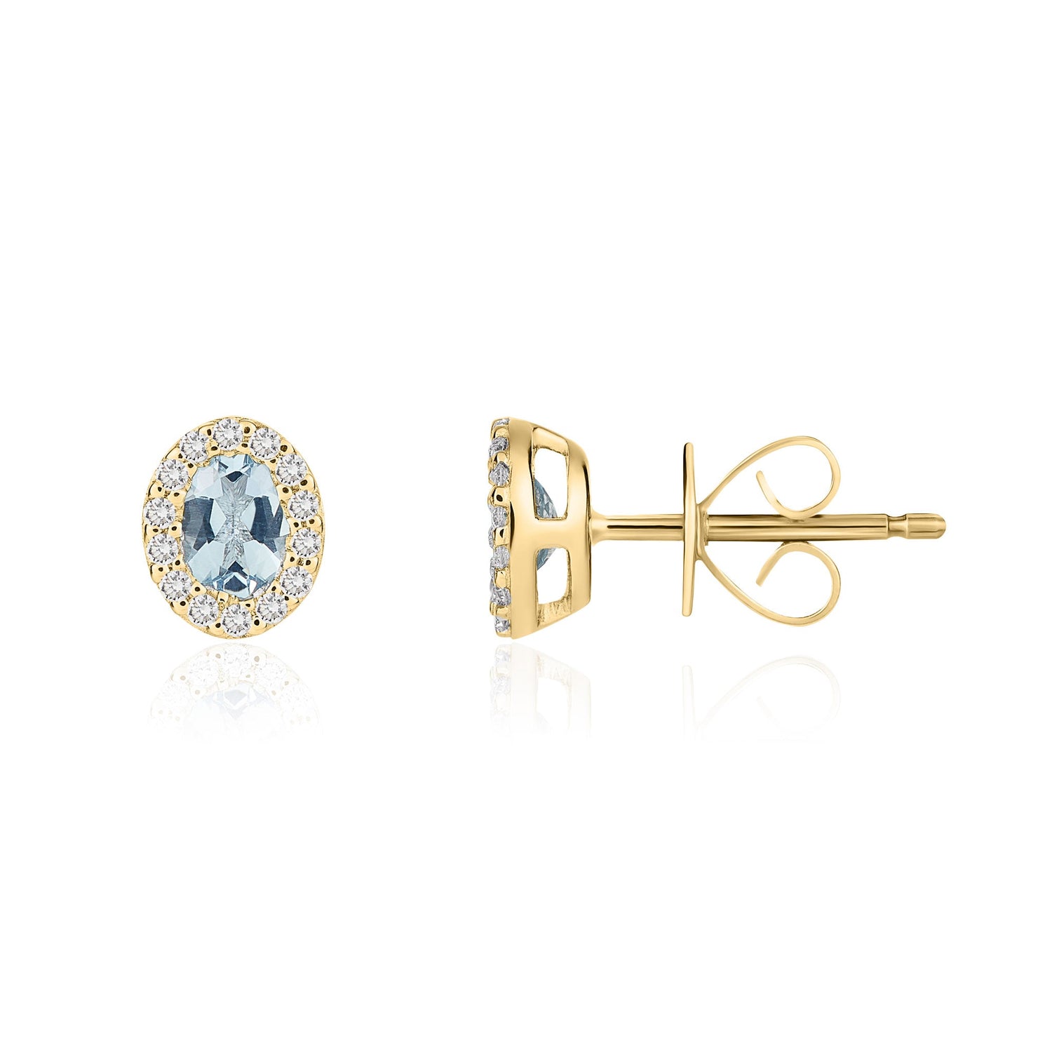 18ct Yellow Gold Oval Natural Aquamarine and Diamond Cluster Earrings — 4x3mm
