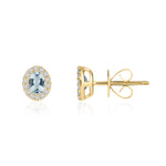 18ct Yellow Gold Oval Natural Aquamarine & Diamond Microset Cluster Stud Earrings — 4x3mm
