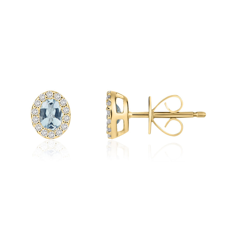 18ct Yellow Gold Oval Natural Aquamarine & Diamond Microset Cluster Stud Earrings — 4x3mm