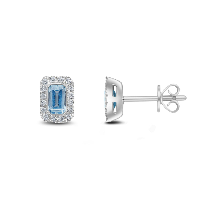 18ct White Gold Octagonal Natural Aquamarine & Diamond Cluster Stud Earrings — 5x3mm