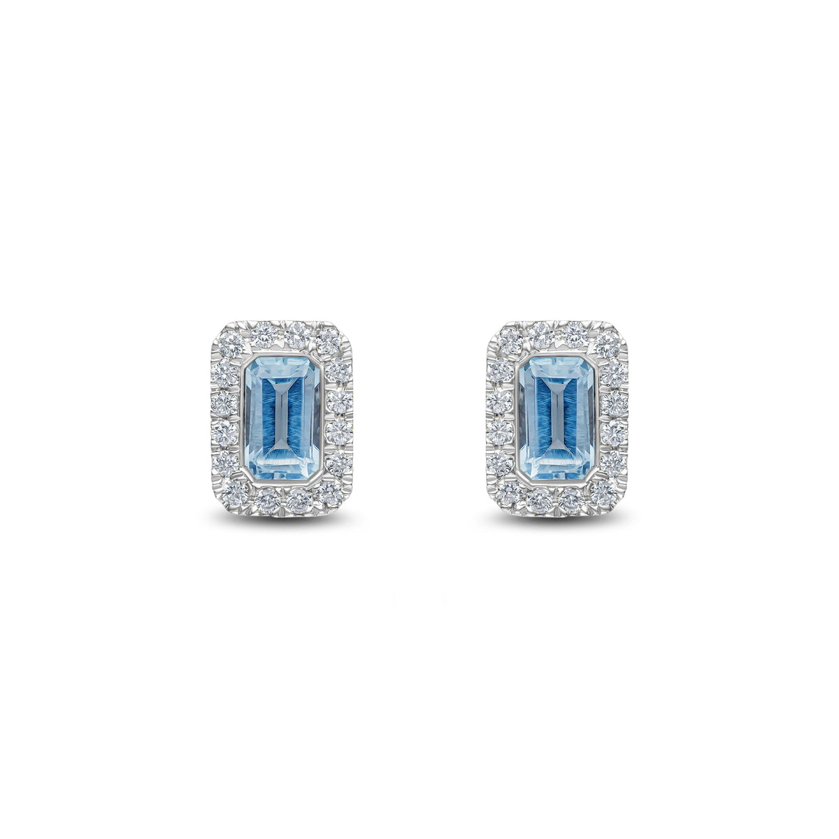 18ct White Gold Octagonal Natural Aquamarine & Diamond Cluster Stud Earrings — 5x3mm
