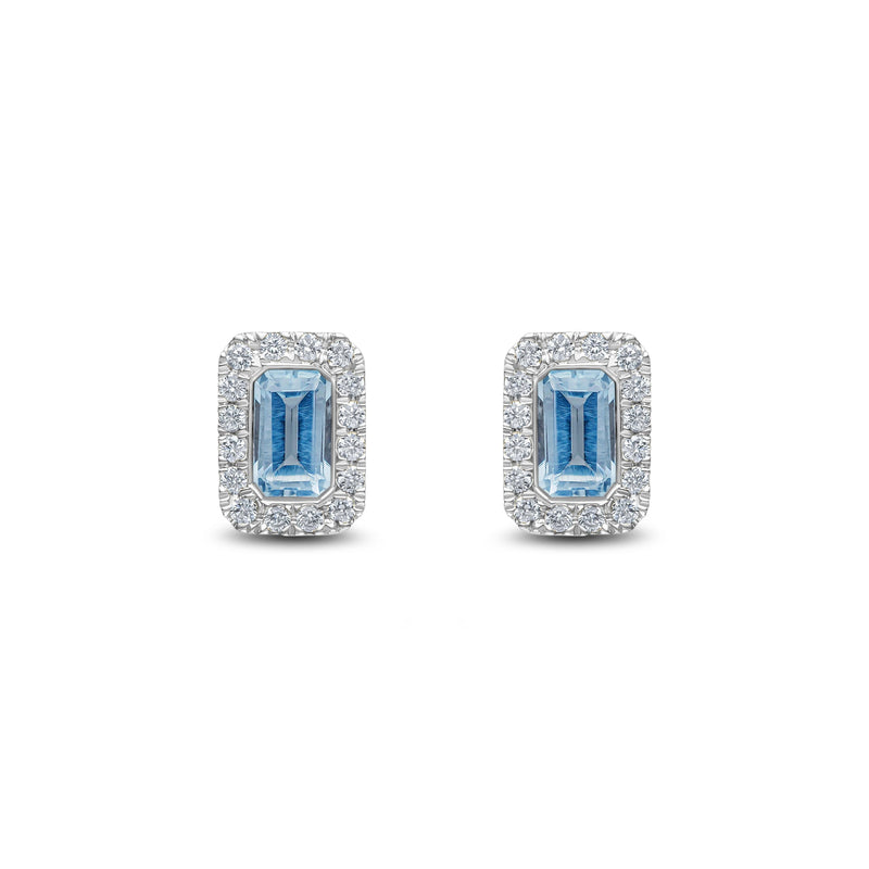 18ct White Gold Octagonal Natural Aquamarine & Diamond Cluster Stud Earrings — 5x3mm