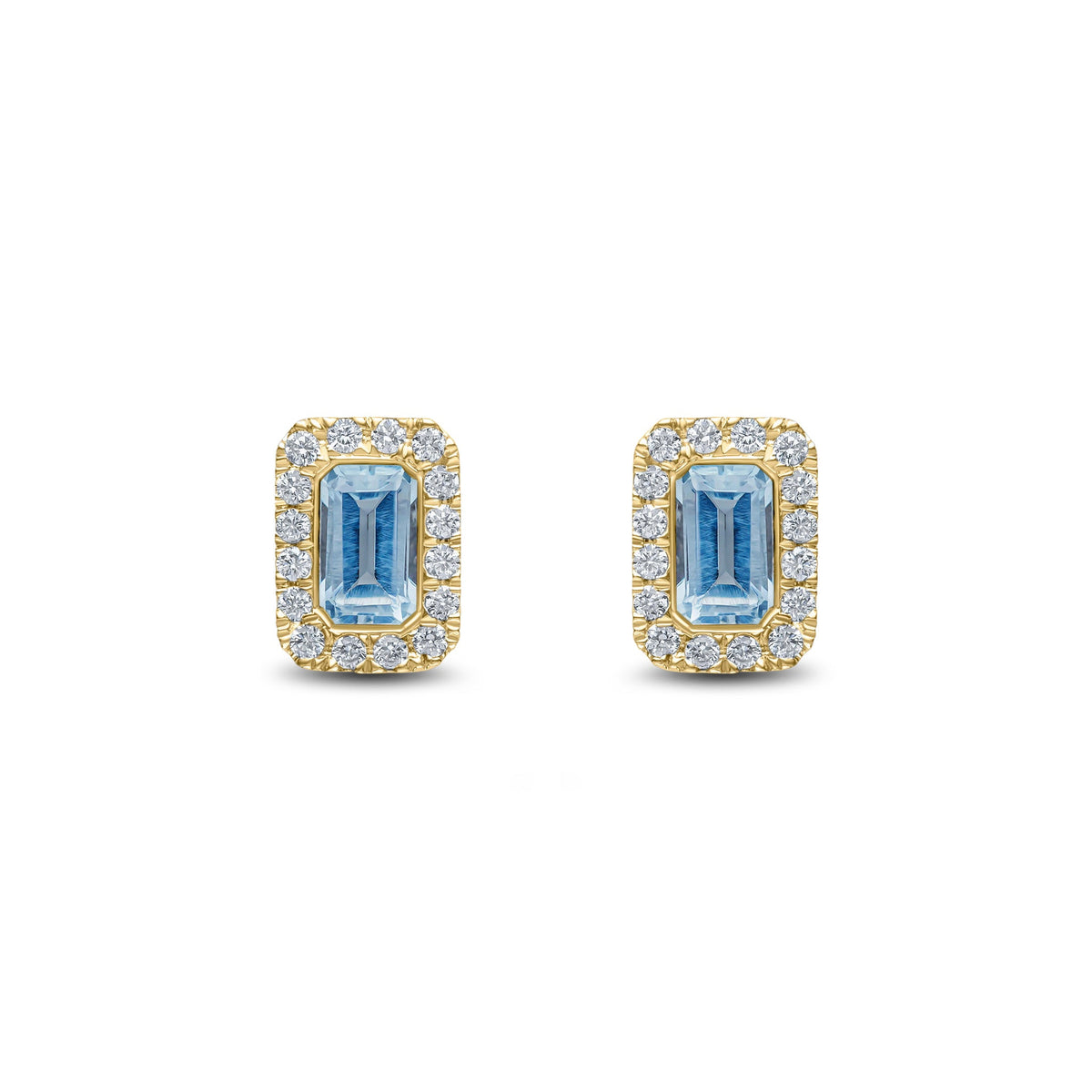 18ct Yellow Gold Octagonal Natural Aquamarine & Diamond Cluster Stud Earrings — 5x3mm