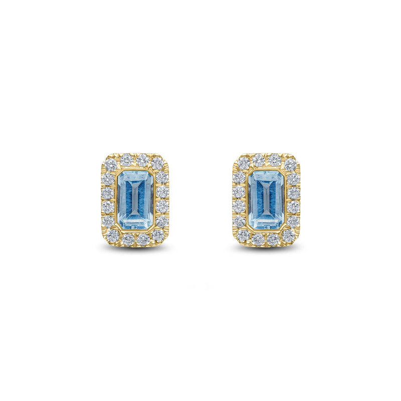 18ct Yellow Gold Octagonal Natural Aquamarine & Diamond Cluster Stud Earrings — 5x3mm