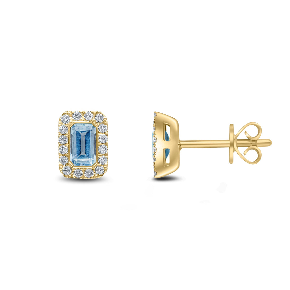 18ct Yellow Gold Octagonal Natural Aquamarine & Diamond Cluster Stud Earrings — 5x3mm