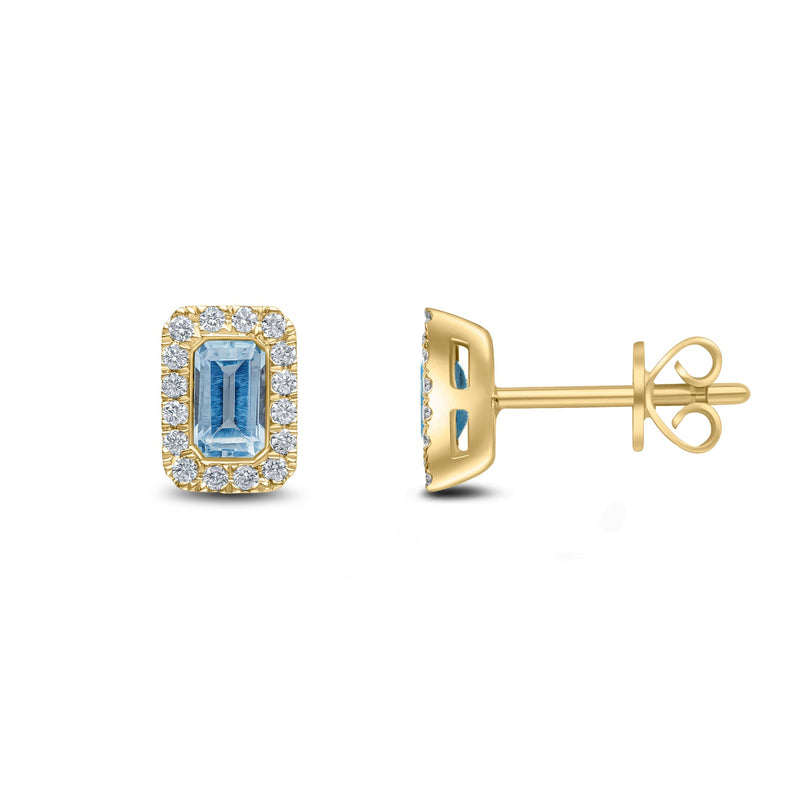 18ct Yellow Gold Octagonal Natural Aquamarine & Diamond Cluster Stud Earrings — 5x3mm