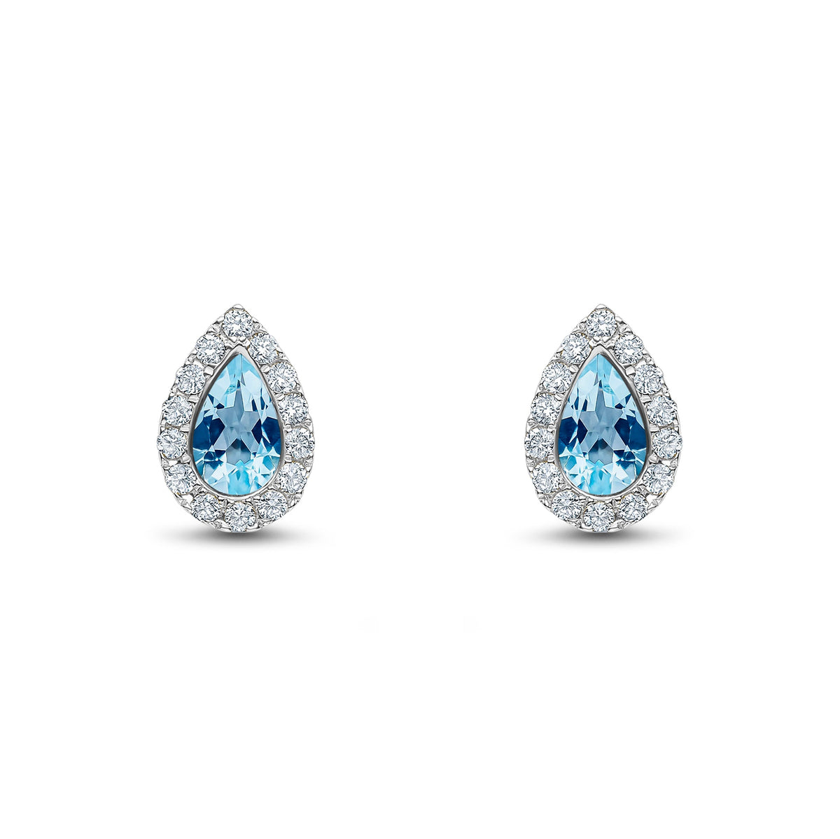 18ct White Gold Pear Shaped Natural Aquamarine & Diamond Cluster Stud Earrings — 5x3mm