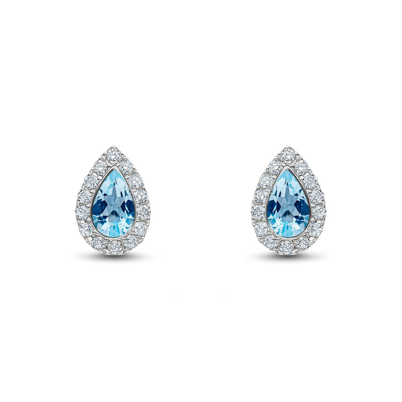18ct White Gold Pear Shaped Natural Aquamarine & Diamond Cluster Stud Earrings — 5x3mm