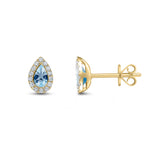 18ct Yellow Gold Pear Shaped Natural Aquamarine & Diamond Cluster Stud Earrings — 5x3mm