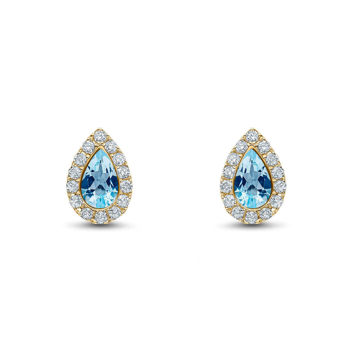 18ct Yellow Gold Pear Shaped Natural Aquamarine & Diamond Cluster Stud Earrings — 5x3mm