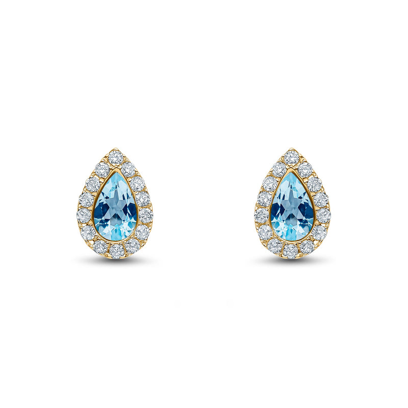 18ct Yellow Gold Pear Shaped Natural Aquamarine & Diamond Cluster Stud Earrings — 5x3mm
