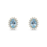 18ct Yellow Gold Oval Natural Aquamarine & Diamond Claw Set Cluster Stud Earrings — 6x4mm