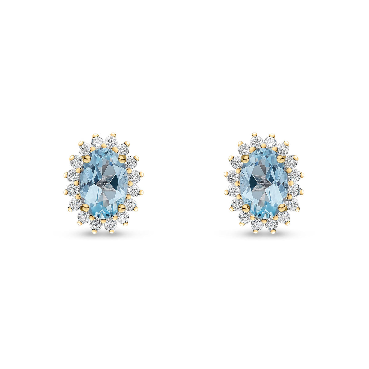 18ct Yellow Gold Oval Natural Aquamarine & Diamond Claw Set Cluster Stud Earrings — 6x4mm