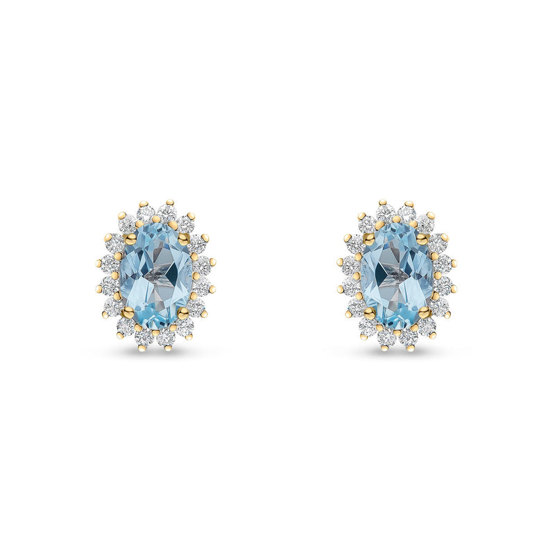 18ct Yellow Gold Oval Natural Aquamarine & Diamond Claw Set Cluster Stud Earrings — 6x4mm