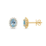 18ct Yellow Gold Oval Natural Aquamarine & Diamond Claw Set Cluster Stud Earrings — 6x4mm