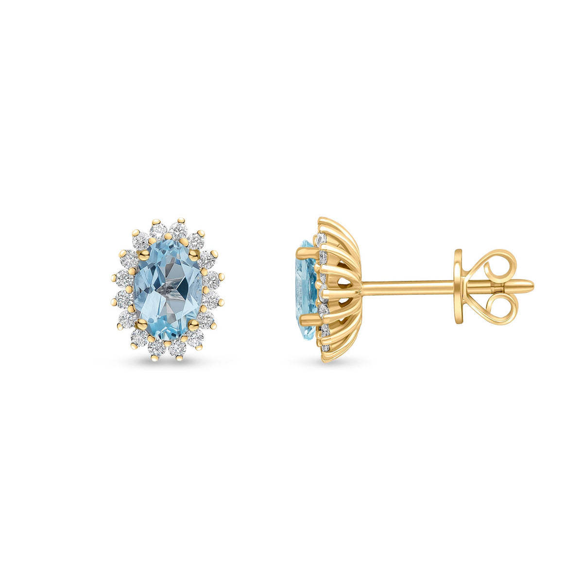 18ct Yellow Gold Oval Natural Aquamarine & Diamond Claw Set Cluster Stud Earrings — 6x4mm
